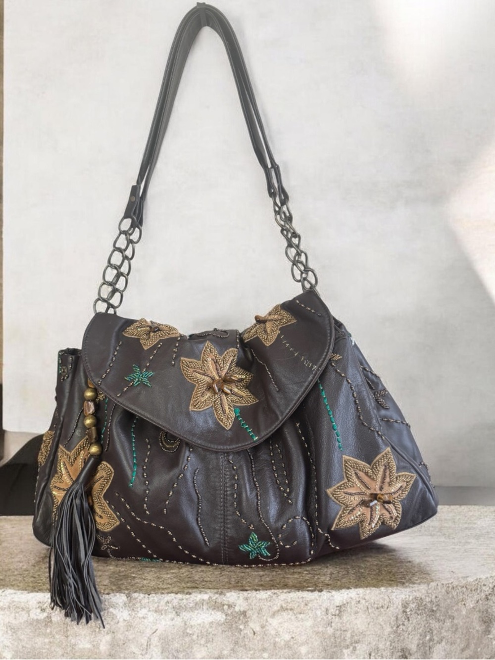 MARY FRANCES BEADED LEATHER BOHO SATCHEL LARGR